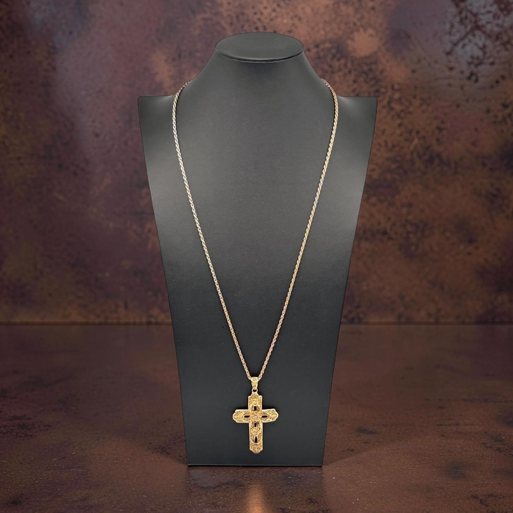 Vintage Van Lou Sterling Silver Gold Vermeil Filigree Cross Pendant Necklace 30”